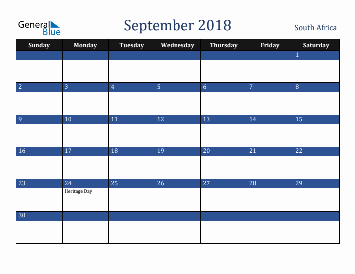 September 2018 South Africa Calendar (Sunday Start)