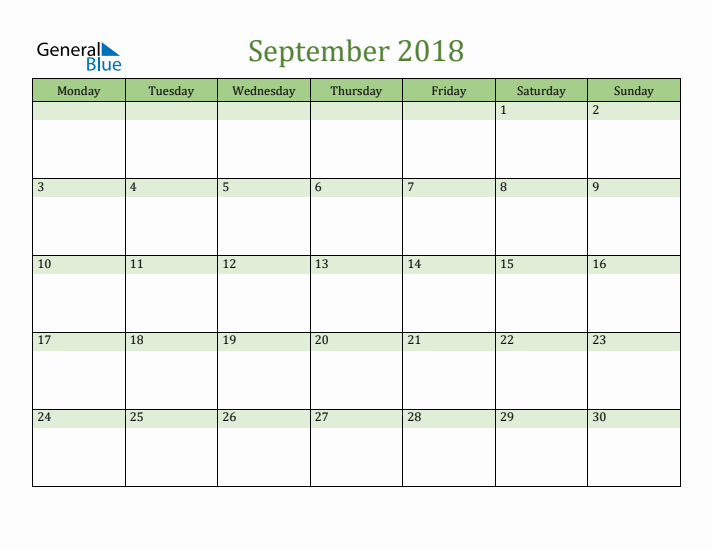 September 2018 Calendar with Monday Start