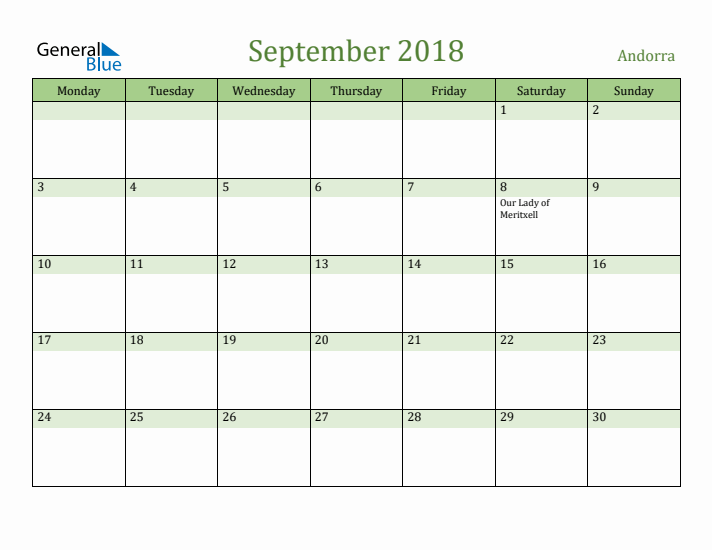 September 2018 Calendar with Andorra Holidays