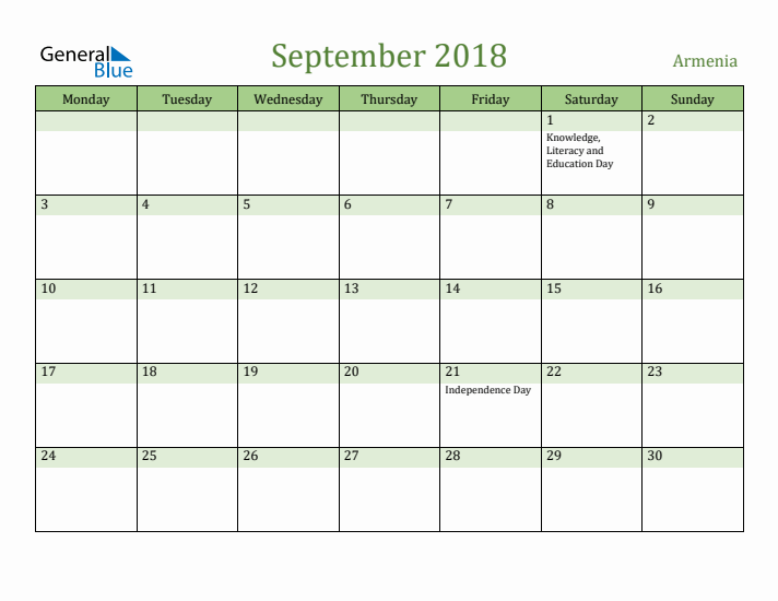 September 2018 Calendar with Armenia Holidays