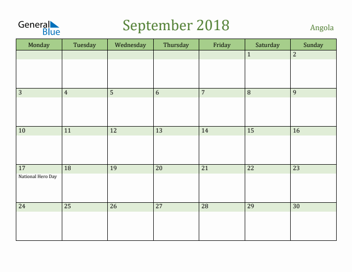 September 2018 Calendar with Angola Holidays