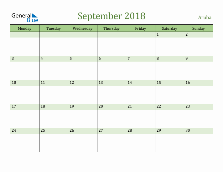 September 2018 Calendar with Aruba Holidays