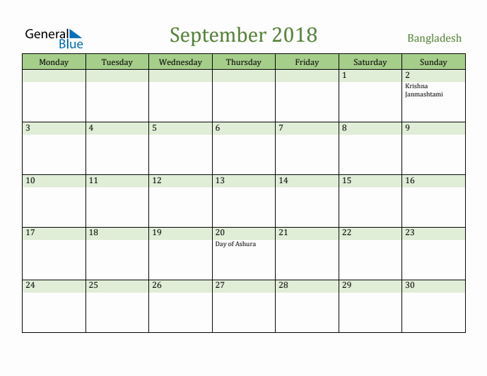 September 2018 Calendar with Bangladesh Holidays