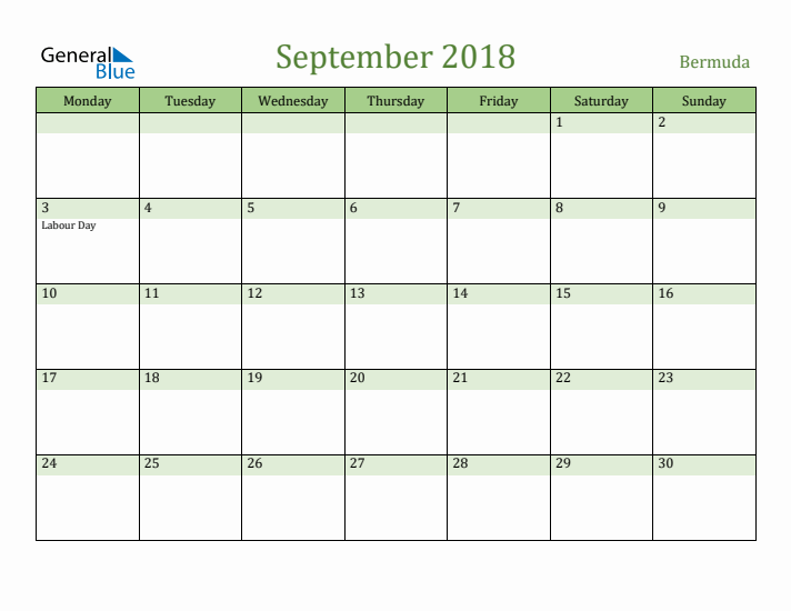 September 2018 Calendar with Bermuda Holidays