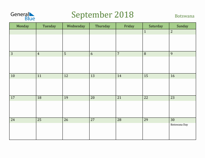 September 2018 Calendar with Botswana Holidays