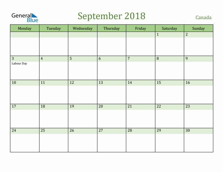 September 2018 Calendar with Canada Holidays