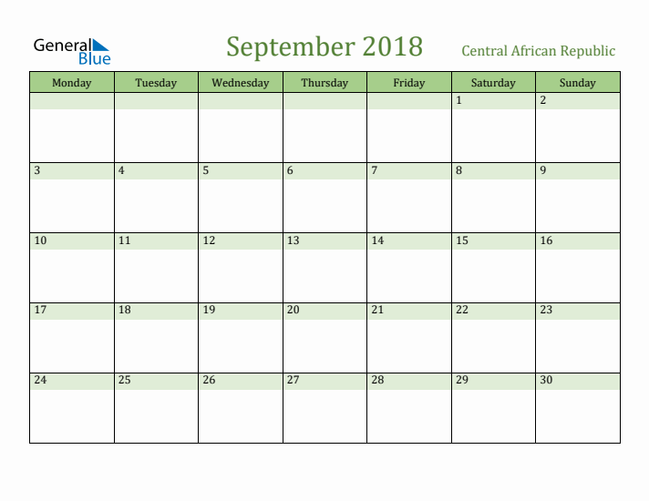 September 2018 Calendar with Central African Republic Holidays