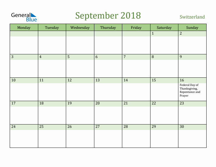 September 2018 Calendar with Switzerland Holidays