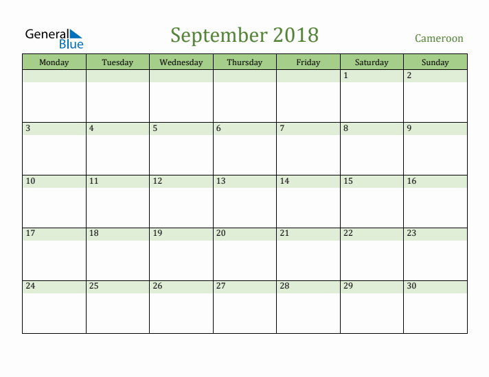 September 2018 Calendar with Cameroon Holidays