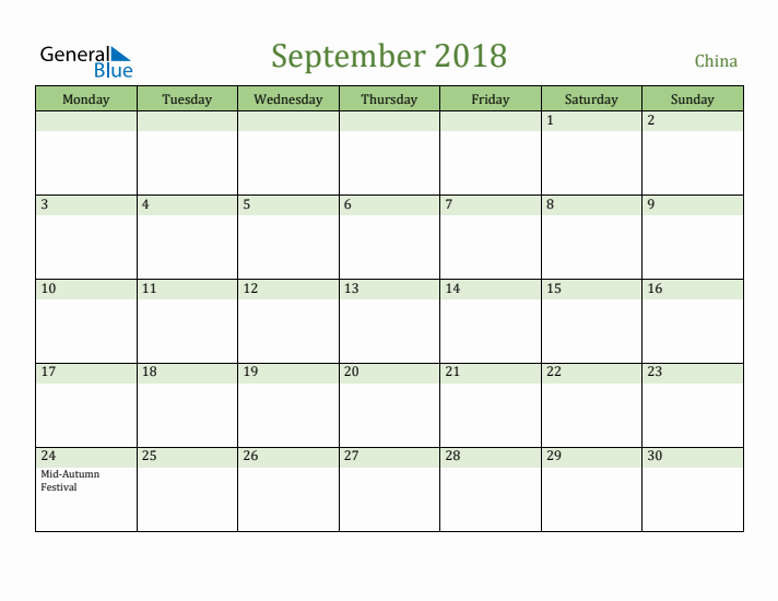September 2018 Calendar with China Holidays