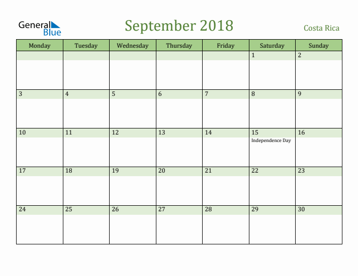 September 2018 Calendar with Costa Rica Holidays