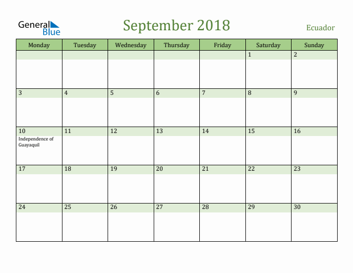 September 2018 Calendar with Ecuador Holidays