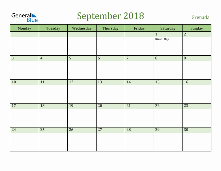 September 2018 Calendar with Grenada Holidays