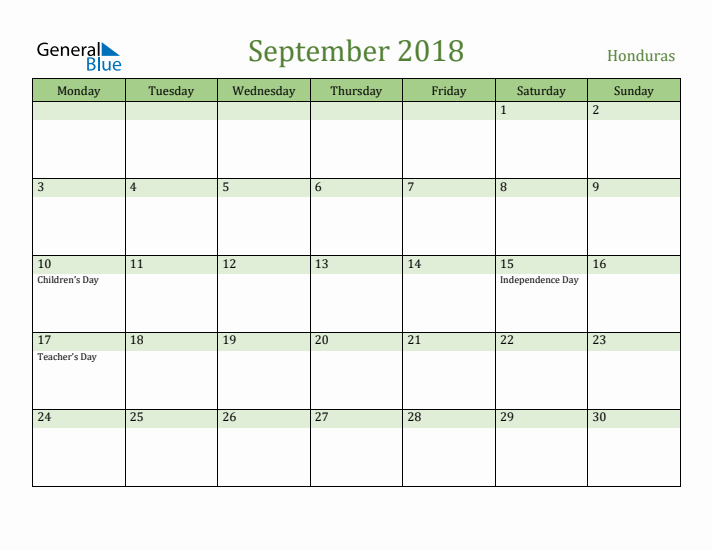 September 2018 Calendar with Honduras Holidays