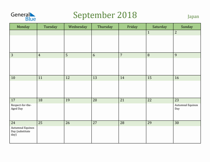 September 2018 Calendar with Japan Holidays