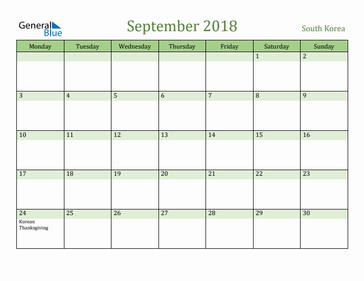 September 2018 Calendar with South Korea Holidays