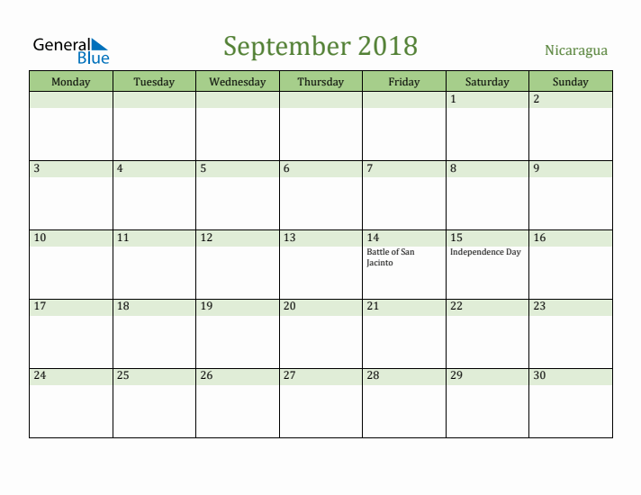 September 2018 Calendar with Nicaragua Holidays