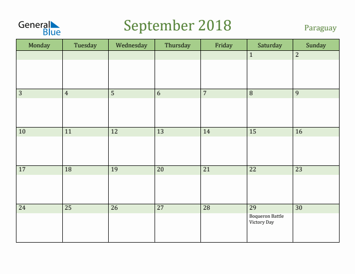 September 2018 Calendar with Paraguay Holidays