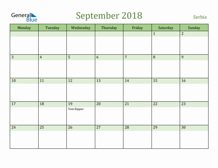 September 2018 Calendar with Serbia Holidays