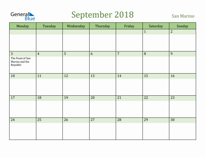 September 2018 Calendar with San Marino Holidays