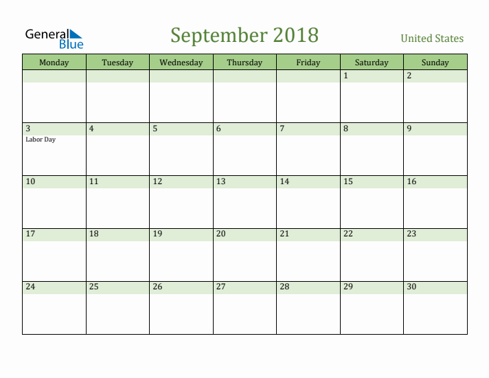 September 2018 Calendar with United States Holidays