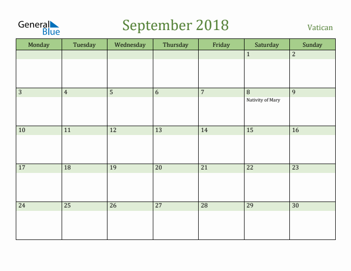 September 2018 Calendar with Vatican Holidays