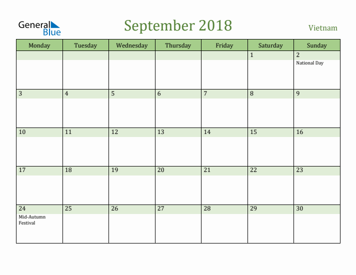 September 2018 Calendar with Vietnam Holidays