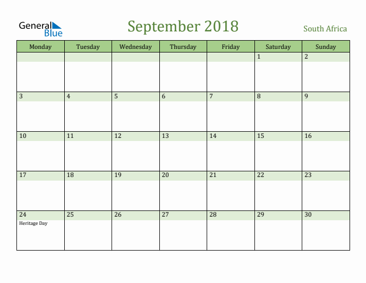 September 2018 Calendar with South Africa Holidays