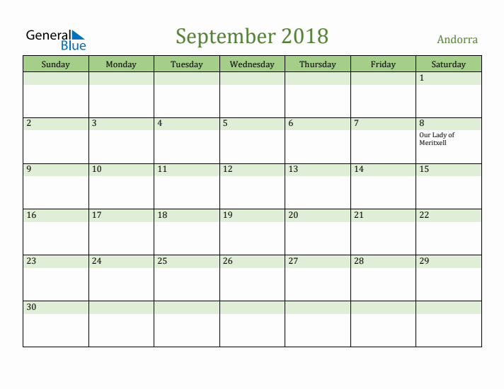 September 2018 Calendar with Andorra Holidays