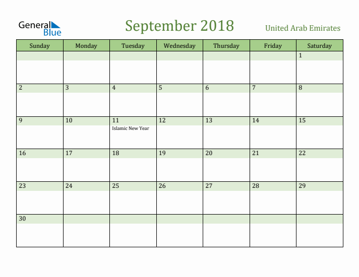 September 2018 Calendar with United Arab Emirates Holidays