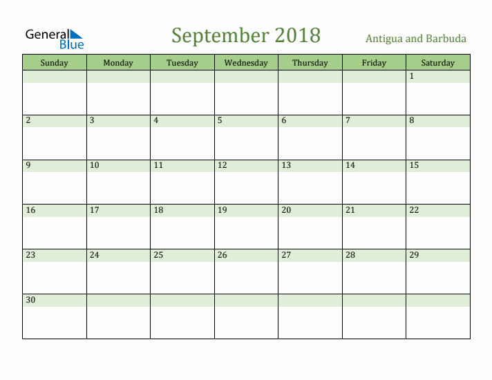 September 2018 Calendar with Antigua and Barbuda Holidays