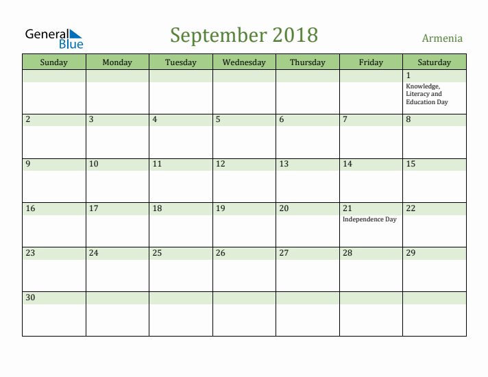 September 2018 Calendar with Armenia Holidays