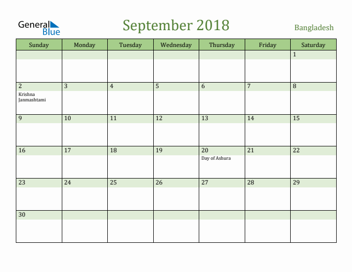 September 2018 Calendar with Bangladesh Holidays
