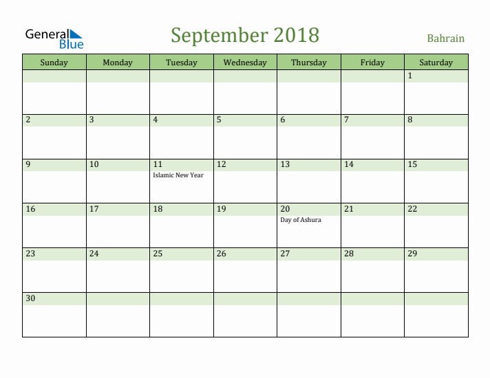 September 2018 Calendar with Bahrain Holidays