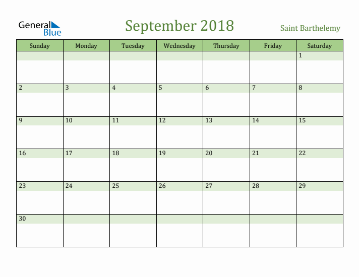 September 2018 Calendar with Saint Barthelemy Holidays
