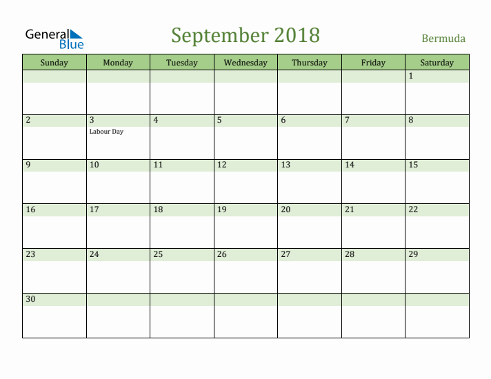 September 2018 Calendar with Bermuda Holidays