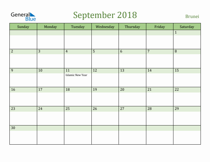 September 2018 Calendar with Brunei Holidays
