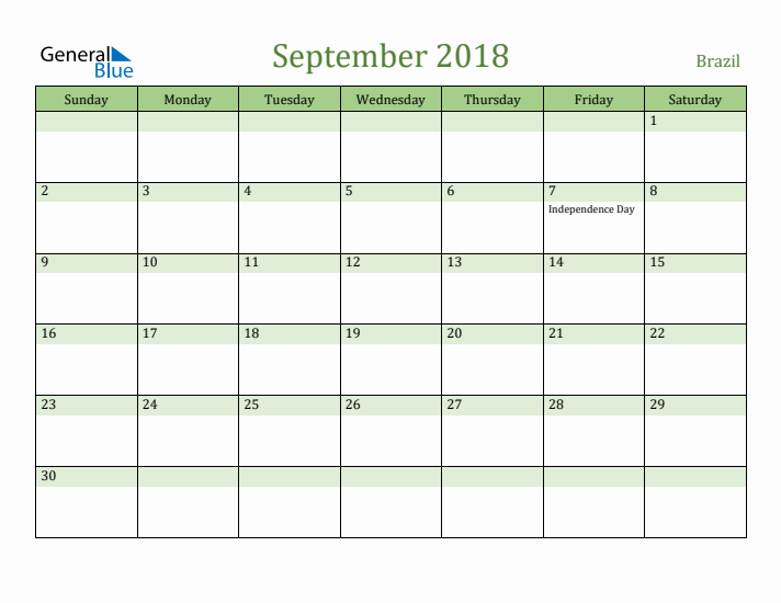 September 2018 Calendar with Brazil Holidays