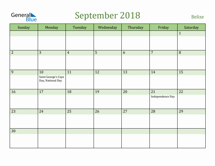 September 2018 Calendar with Belize Holidays