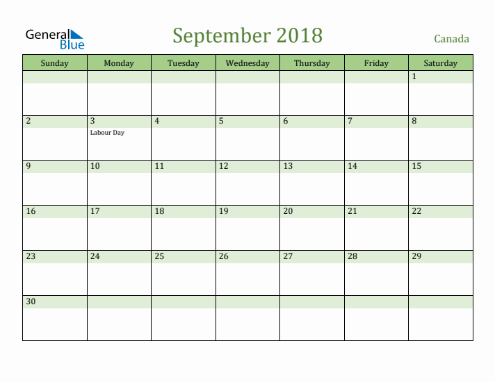 September 2018 Calendar with Canada Holidays
