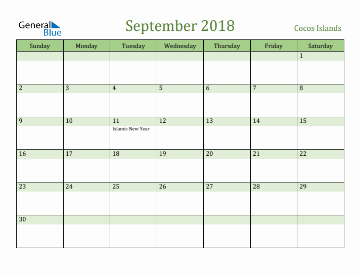 September 2018 Calendar with Cocos Islands Holidays