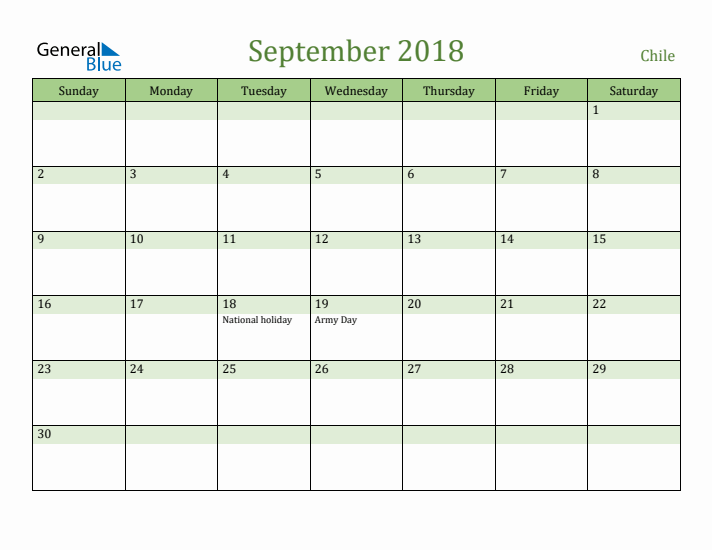 September 2018 Calendar with Chile Holidays