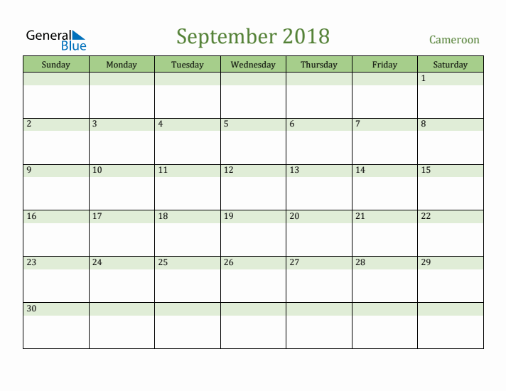 September 2018 Calendar with Cameroon Holidays