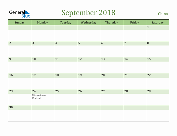 September 2018 Calendar with China Holidays