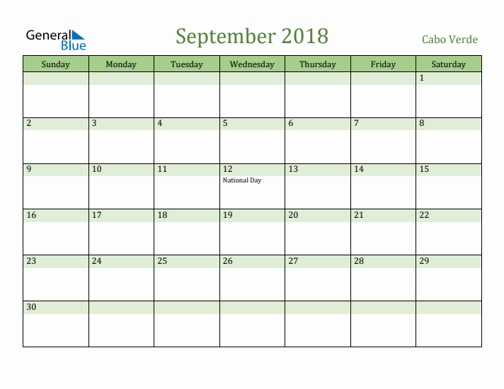 September 2018 Calendar with Cabo Verde Holidays