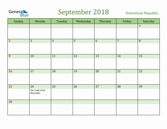 September 2018 Calendar with Dominican Republic Holidays