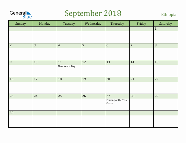 September 2018 Calendar with Ethiopia Holidays