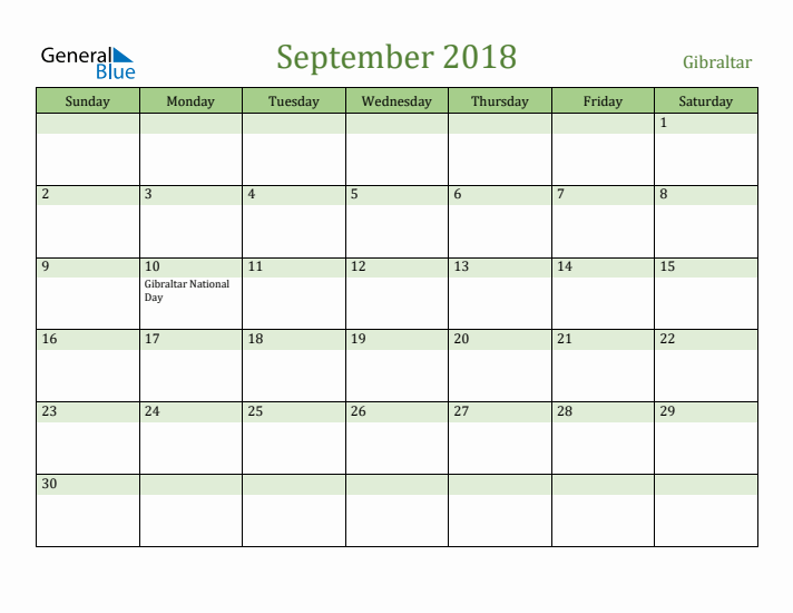 September 2018 Calendar with Gibraltar Holidays