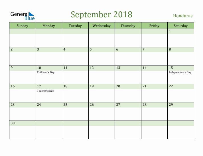 September 2018 Calendar with Honduras Holidays