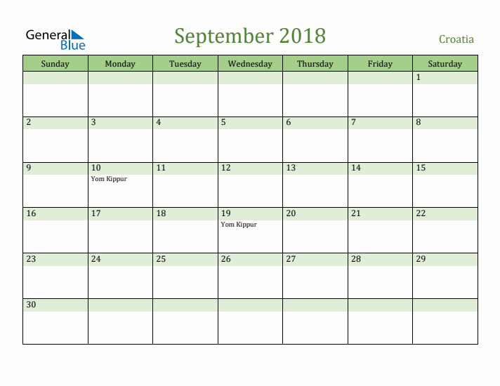 September 2018 Calendar with Croatia Holidays